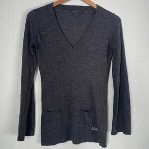 BCBGMaxAzria Gray Angora Wool Lightweight Sweater Long Sleeve Beaded Logo V Neck